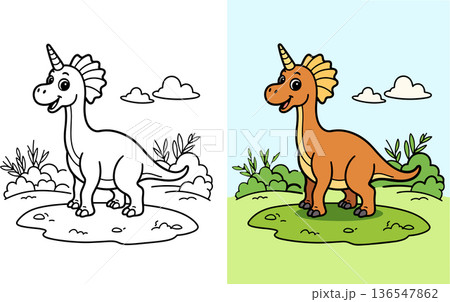Cute unicorn dinosaur on prehistoric landscape simple line art cartoon drawing for kids coloring book 136547862