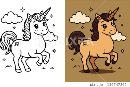 Cute unicorn coloring page for children featuring magical horse with horn stars and clouds Cute unicorn coloring page for children featuring magical horse with horn stars and clouds 136547863