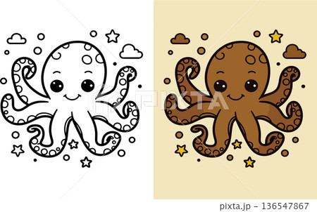 Cute octopus coloring page for kids with stars and bubbles in ocean simple line art design 136547867