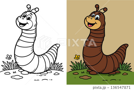 Cute happy cartoon worm with antennae sitting on a grassy patch with a flower 136547871