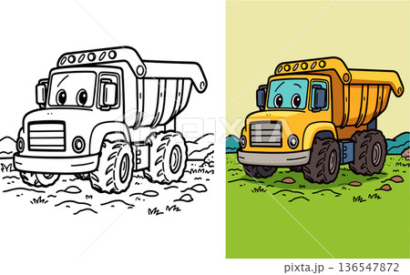 Cute dump truck smiling on construction site simple line art cartoon drawing for kids Cute dump truck smiling on construction site simple line art cartoon drawing for kids 136547872