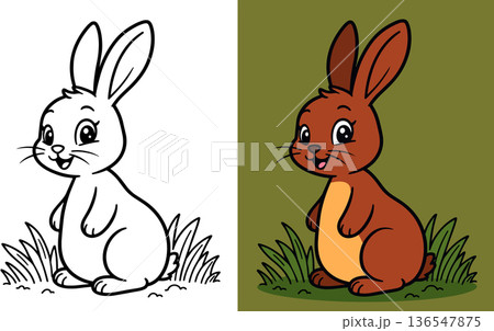 Cute cartoon rabbit sitting in grass on white background simple drawing Cute cartoon rabbit sitting in grass on white background simple drawing 136547875