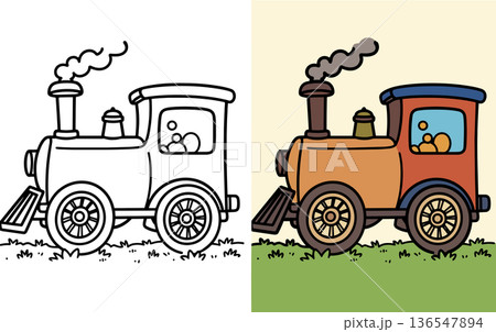 Cartoon steam locomotive train traveling on tracks through grass coloring page for kids 136547894