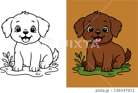 Adorable puppy dog sitting in grass with happy expression Adorable puppy dog sitting in grass with happy expression 136547911