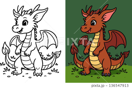 Adorable baby dragon standing on grass outline illustration 136547913
