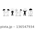 傘をさす人物のシンプルでゆるい手描きイラストセット 136547934