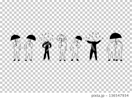 傘をさす人物のシンプルでゆるい手描きイラストセット 136547934