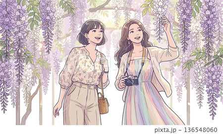 藤棚を楽しむ女性二人の旅行イラスト素材｜春の観光・カメラ散策 136548060