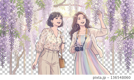 藤棚を楽しむ女性二人の旅行イラスト素材｜春の観光・カメラ散策 136548060