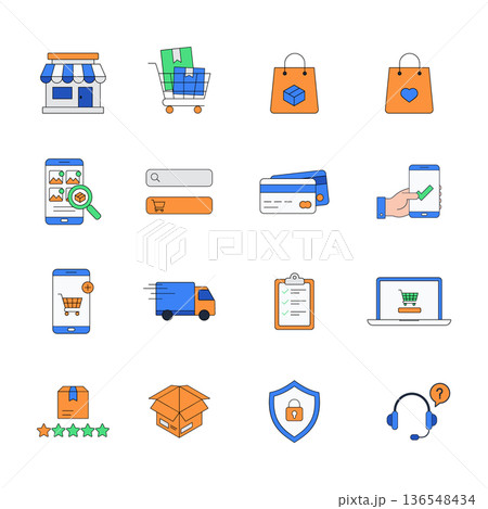 Online Shopping and E-commerce Icon Set Flat Vector Illustration. 136548434