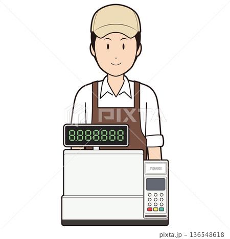 レジスターと男性カフェ店員① 136548618