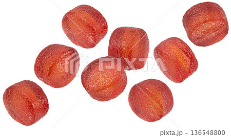 Falling red jelly candies isolated on white background with clipping path, full depth of field 136548800