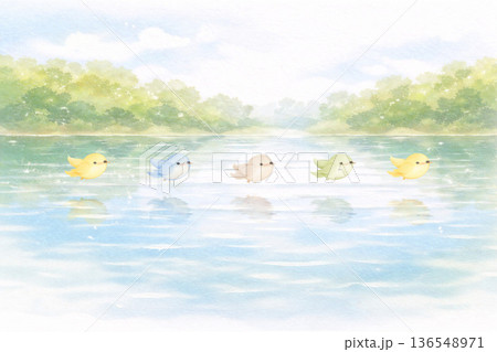 鳥シリーズ：水辺を並行に飛ぶ鳥と反射のパノラマ 136548971