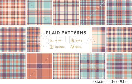 Warm peach and purple tartan plaid background with a seamless texture. This cozy vintage pattern is perfect for autumn fashion, home textiles, gift wrap, and digital craft projects. 136549332