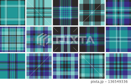 This vibrant turquoise and teal plaid pattern features a classic tartan design. A seamless fabric texture ideal for fashion, interior decor, and creative seasonal digital backdrops. 136549336