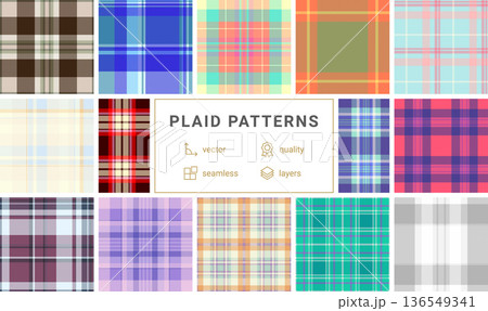 Plaid pattern set for American heritage and national pride. Seamless vectors suit clothing, blankets, scarves, home decor, and digital projects. 136549341