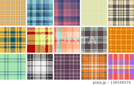 Seasonal plaid pattern set for Christmas stationery. Tartan designs suit greeting cards, invitations, and envelopes. Seamless vectors print cleanly. Seasonal plaid pattern set for Christmas stationery. Tartan designs suit greeting cards, invitations, and envelopes. Seamless vectors print cleanly. 136549374