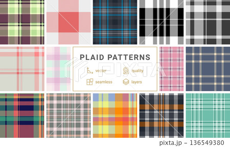 Plaid bundle for coats and overcoats. Classic tartan textures enhance winter outerwear. Vector files maintain alignment. 136549380