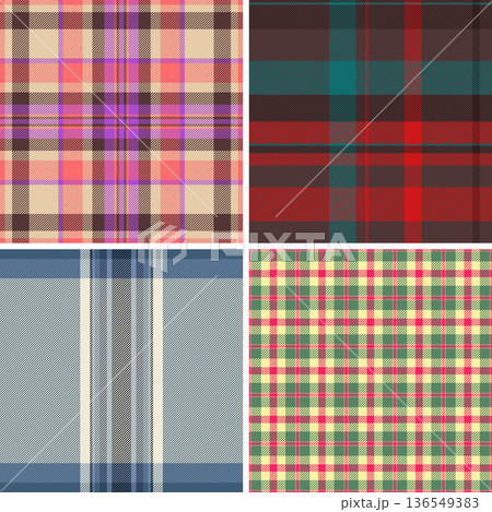 Plaid pattern pack tailored for Valentines and Womens Day styling. Coordinated tartan patterns fit cards, gift bags, and party decor. Seamless vector repetition aligns perfectly. 136549383