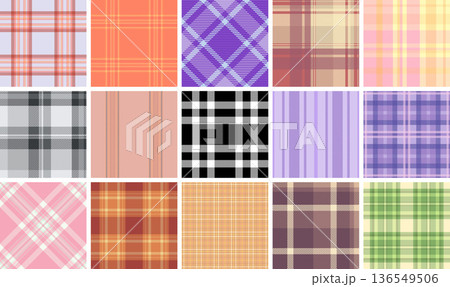 Vintage plaid pattern pack for product inserts. Retro tartan style strengthens brand tone. Vector repeats align cleanly. 136549506