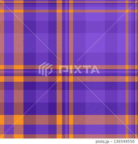 Tailor plaid vector texture, image background check textile. Wedding tartan fabric seamless pattern in violet and orange colors. Tailor plaid vector texture, image background check textile. Wedding tartan fabric seamless pattern in violet and orange colors. 136549550