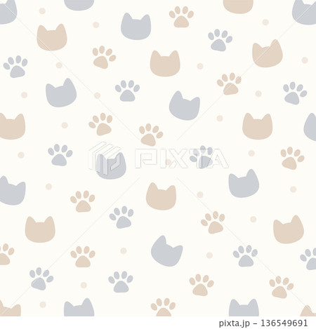 猫と肉球の可愛いシームレスパターン背景　白ベースのシンプルでナチュラルなイラスト素材 136549691