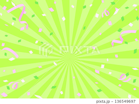 鮮やかな黄緑色の集中線に紙吹雪が舞う背景素材 136549697