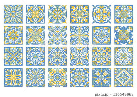 Mediterranean ceramic tiles. Blue patterns with geometric ornaments. Vector design features traditional Portuguese azulejo motifs for elegant interiors. Vector elements 136549965