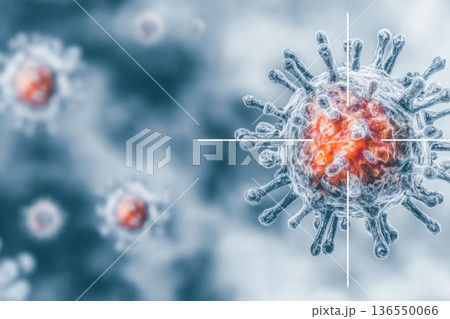 Artistic illustration features a virus cell with spiky protrusions in focus, targeted by a golden crosshair, against a deep blue abstract background with blurred virus cells 136550066