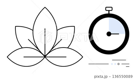 Wellness, time management, relaxation, mindfulness, healing, meditation. A line art lotus flower and timer. Wellness and time management concept for mindfulness and relaxation practices 136550089