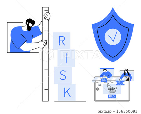 Risk assessment, e-commerce security, online shopping, data protection, digital solutions, business strategy. Shield with checkmark, man evaluating risk and online shopping elements. Risk assessment 136550093
