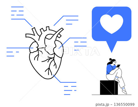 Healthcare innovation, cardiology, medical education, information sharing, digital communication, patient care. Anatomical heart diagram with data points and person texting. Healthcare innovation 136550099
