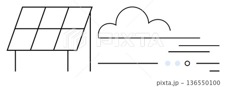 Climate change, renewable resources, sustainability, solar energy, clean technology, eco-friendly solutions. Solar panel and cloud in a simple line art. Solar energy and eco-friendly solutions 136550100