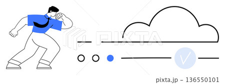 Data protection, cloud storage, online connectivity, secure access, artificial intelligence, digital solutions. A person interacting with cloud elements. Data protection and cloud storage concept 136550101