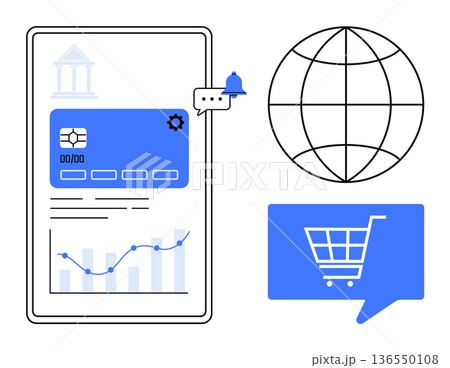 Online payments, e-commerce platforms, data analysis, global transactions, fintech services, digital wallets. Smartphone with card interface, globe icon shopping cart dialogue box. Online payments 136550108