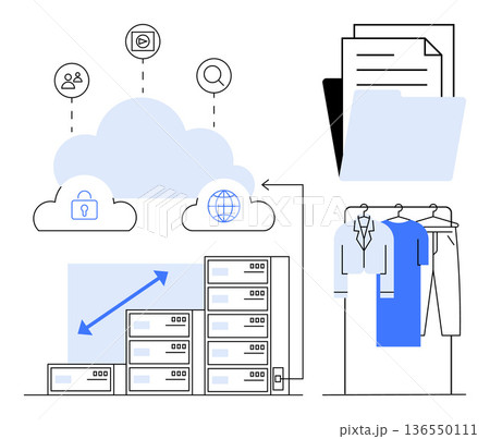Cloud computing, big data, e-commerce, digital security, online storage, technology services. Cloud icons, server racks files clothing. Cloud computing and big data connection 136550111