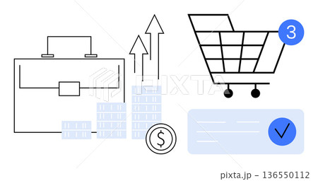 Business development, e-commerce, sales, financial growth, online shopping, economic success. Briefcase, upward arrows shopping cart with notification. Business development and e-commerce theme 136550112