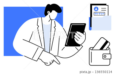 Identity verification, secure transactions, personal data security, wallets, mobile payments, online services. Person holding tablet, wallet with card and ID document. Identity verification Identity verification, secure transactions, personal data security, wallets, mobile payments, online services. Person holding tablet, wallet with card and ID document. Identity verification 136550114