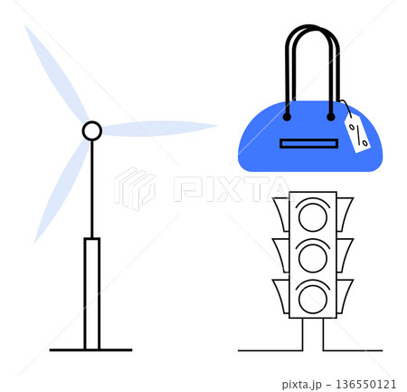 Sustainable energy, fashion industry, urban planning, renewable resources, consumerism, minimalism. Wind turbine, blue handbag with a tag and traffic light illustration. Sustainability and fashion Sustainable energy, fashion industry, urban planning, renewable resources, consumerism, minimalism. Wind turbine, blue handbag with a tag and traffic light illustration. Sustainability and fashion 136550121