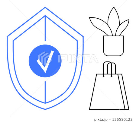 Online security, e-commerce safety, verified identity, digital assurance, secure transactions, trust in marketplaces. A shield with a checkmark, bag and plant. Online security and e-commerce safety 136550122