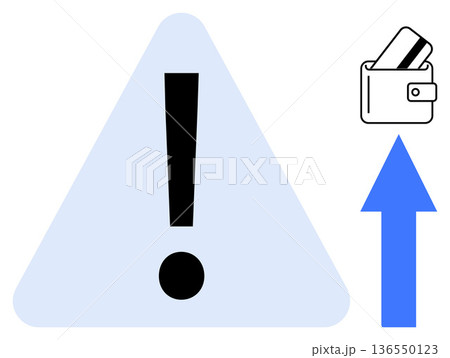 Payment security, financial safety, cyberfraud alert, risk management, online transactions, digital finance. Exclamation mark in triangle, credit card and wallet upward arrow. Payment security 136550123