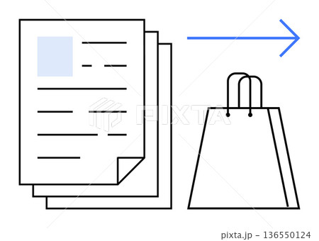 E-commerce, digital transactions, online shopping, shipping, order processing, business management. Papers moving toward a shopping bag. E-commerce and digital transactions concept E-commerce, digital transactions, online shopping, shipping, order processing, business management. Papers moving toward a shopping bag. E-commerce and digital transactions concept 136550124