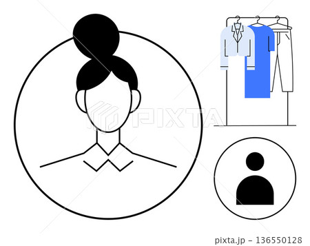 Personal branding, identity design, avatar creation, online profiles, wardrobe organization, clothing style. Minimal line art of a woman, clothing rack and profile user icon. Personal branding Personal branding, identity design, avatar creation, online profiles, wardrobe organization, clothing style. Minimal line art of a woman, clothing rack and profile user icon. Personal branding 136550128