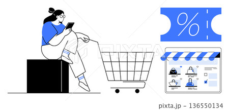 Online retail, discount shopping, e-commerce, digital marketing, sales promotion, consumer behavior. Woman with cart browsing phone, with coupon and online shop visuals. Online retail and discount 136550134