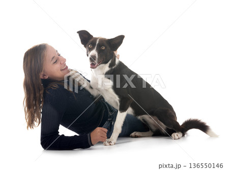 border collie and owner in studio border collie and owner in studio 136550146