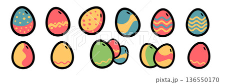 Easter egg sticker set with hand-drawn colorful eggs, cartoon decorative elements with bold outlines for holiday spring design on white background. Easter egg collection with various geometric pattern 136550170