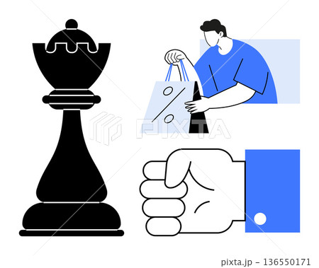 Business strategy, consumer behavior, decision-making, retail discounts, chess game, economic planning. Chess piece, shopper with discount bag fist strength. Business strategy and consumer behavior 136550171