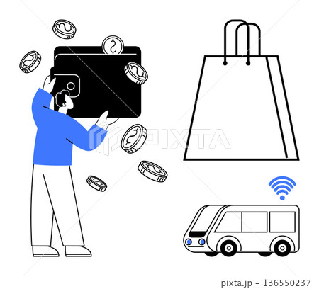 E-commerce, digital payment, smart technology, public transport, contactless shopping, travel. Man holding wallet, coins shopping bag wireless bus icon. Digital payment and e-commerce concept 136550237