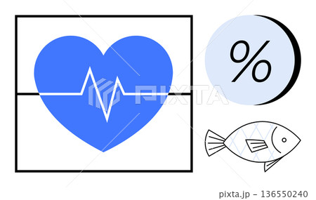 Healthcare, wellness, data analysis, environmental awareness, sustainability, nutrition. Blue heart with pulse line, percentage symbol and fish icon. Healthcare and data analysis concept Healthcare, wellness, data analysis, environmental awareness, sustainability, nutrition. Blue heart with pulse line, percentage symbol and fish icon. Healthcare and data analysis concept 136550240