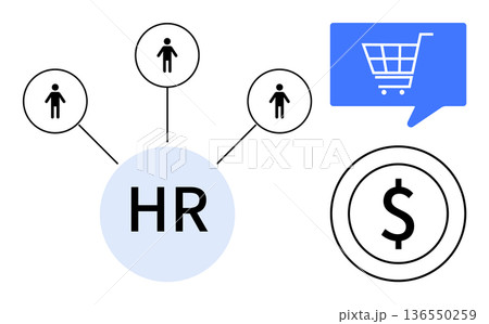 Human resources, employee networking, e-commerce, financial planning, workforce management, online transactions. HR diagram with team icons, shopping cart icon dollar symbol. Human resources 136550259